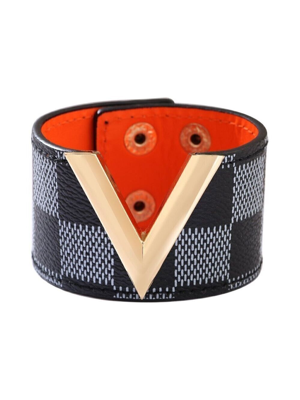 Women's Luxury Plaid V Design PU Leather Bangle Bracelet, Press Button Closure